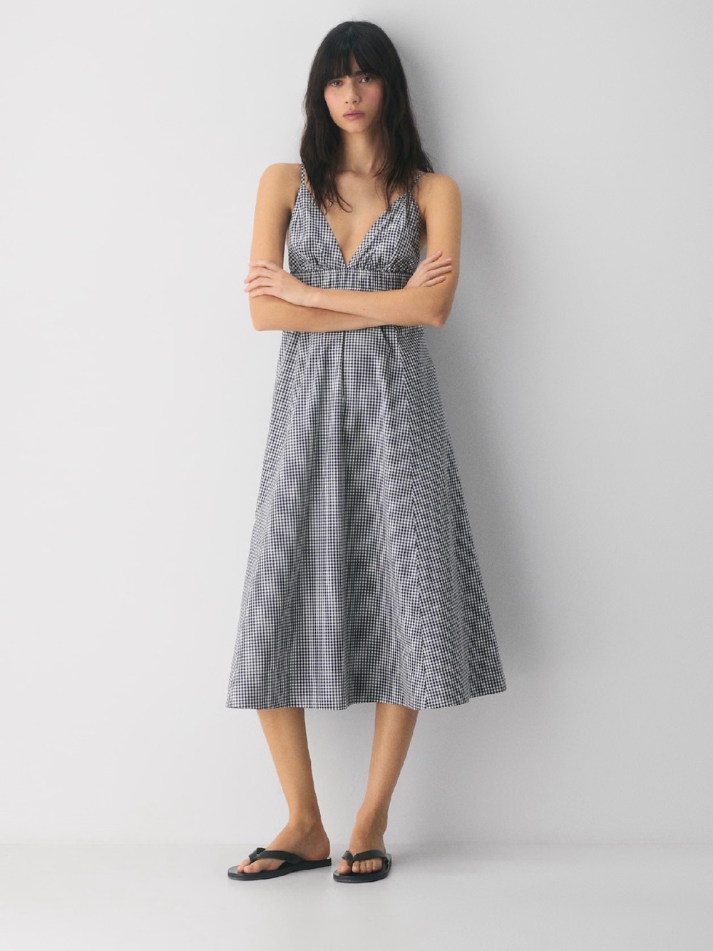 Wilfred Black and White Gingham V-Neck Midi Dress
